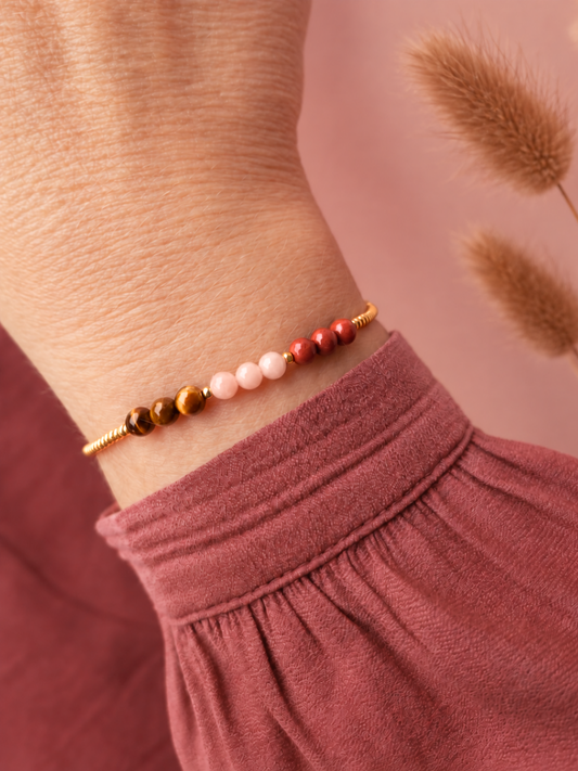 Inner Balance Koord Armband – Tijgeroog, Roze Opaal & Rode Jaspis