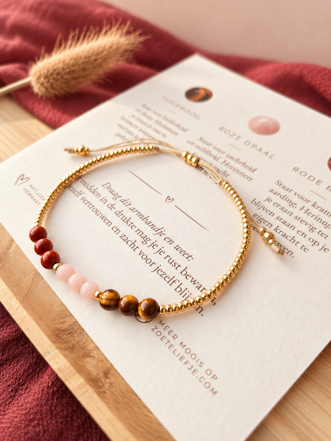 Inner Balance Koord Armband – Tijgeroog, Roze Opaal & Rode Jaspis