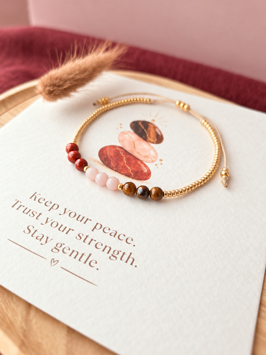 Inner Balance Koord Armband – Tijgeroog, Roze Opaal & Rode Jaspis