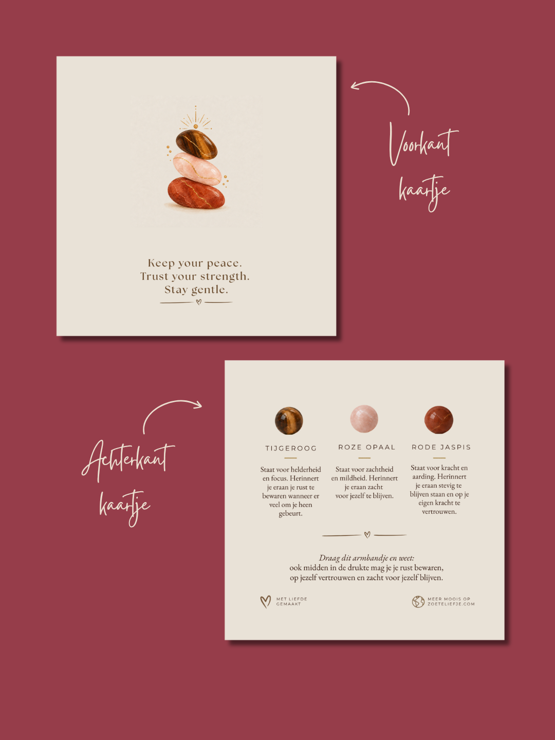 Inner Balance Koord Armband – Tijgeroog, Roze Opaal & Rode Jaspis
